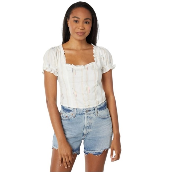 Free People NWT Ivory Boho Peasant Blouse | Puff Sleeve Embroidered Top | Size M - Picture 2 of 11